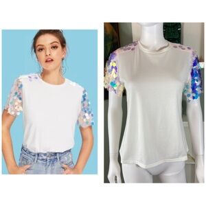 Pailette Iridescent Sequin Sleeves White T Shirt Tee Top Blouse Small S